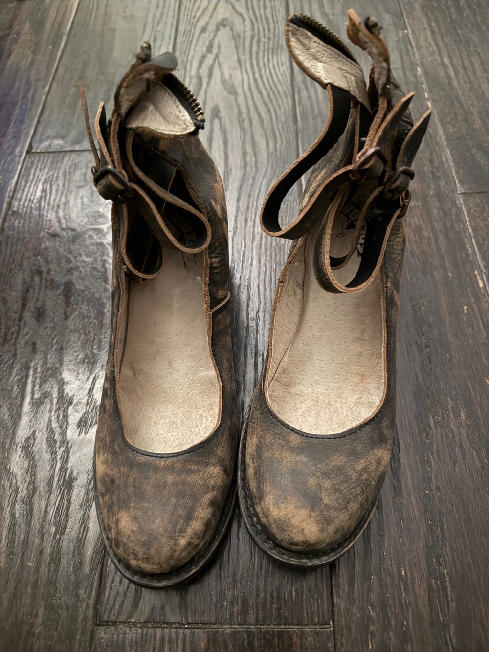 Freebird by Steven Randi Distressed Brown Leather Ankle-Strap Heels